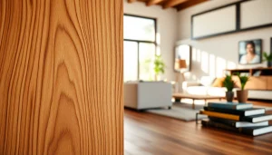 Beautiful decorative wood panels enhance a modern living room, showcasing natural textures.