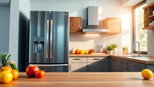 Shop modern refrigerator sales featuring stainless steel appliances in a stylish kitchen.