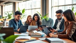 Group collaborating for CompTIA exam assistance in a bright, modern office.