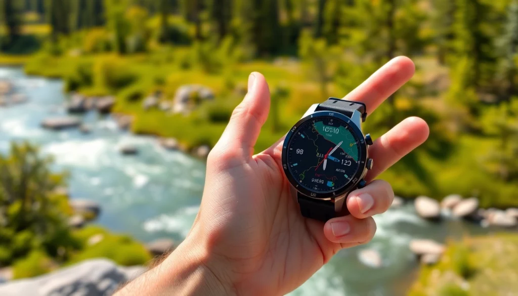 Check the features of the Explorer Plus GPS Smart Watch showcasing in a vibrant outdoor setting.
