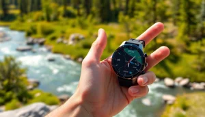 Check the features of the Explorer Plus GPS Smart Watch showcasing in a vibrant outdoor setting.