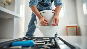 Engaging toilet repair scene highlighting a professional plumber at work.
