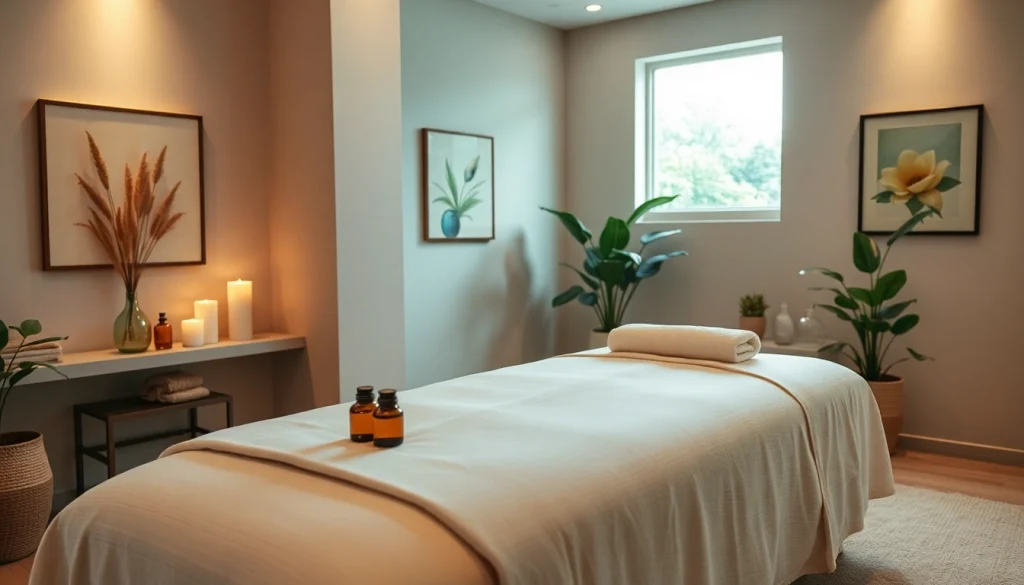 아로마 오일과 편안한 장식으로 꾸며진 휴 relaxing 스웨디시 마사지 룸.