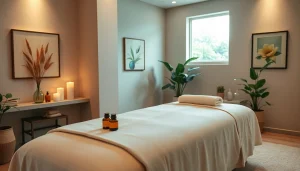 아로마 오일과 편안한 장식으로 꾸며진 휴 relaxing 스웨디시 마사지 룸.