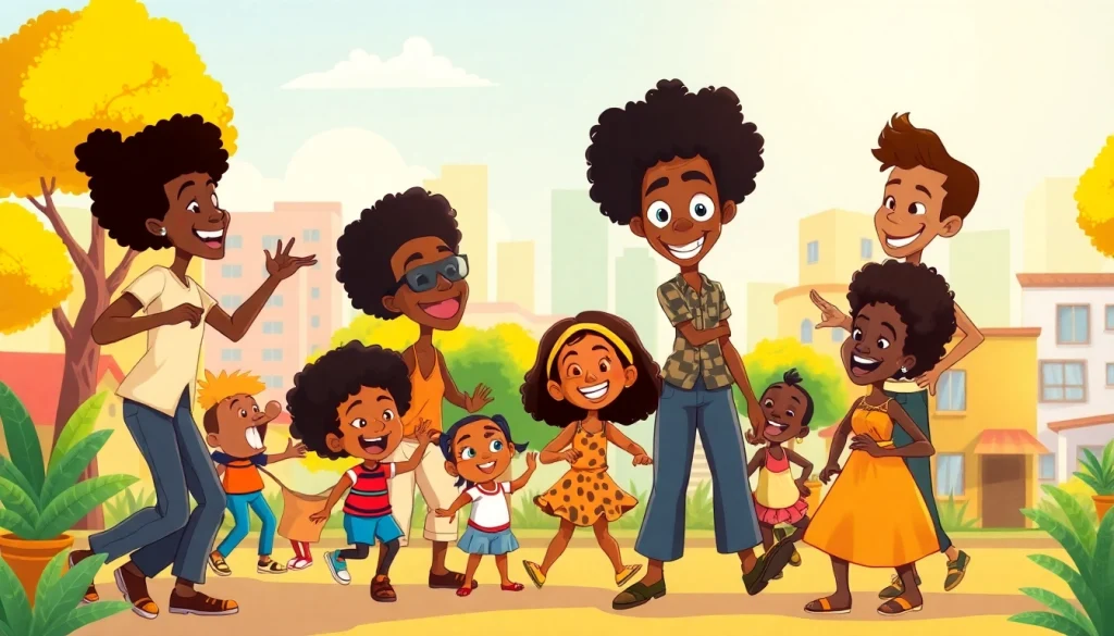 A colorful scene featuring iconic African American cartoons celebrating joy and diversity in animation.
