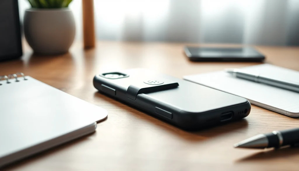 Abschließbare Handytasche mit sicherem Verschluss auf einem modernen Schreibtisch arrangiert.