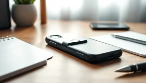Abschließbare Handytasche mit sicherem Verschluss auf einem modernen Schreibtisch arrangiert.