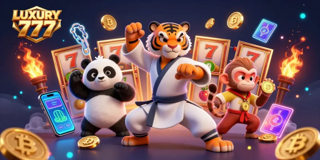 LUXURY 777 menampilkan karakter kasino yang beraksi dengan slot mesin dan simbol keberuntungan, menciptakan momen seru.
